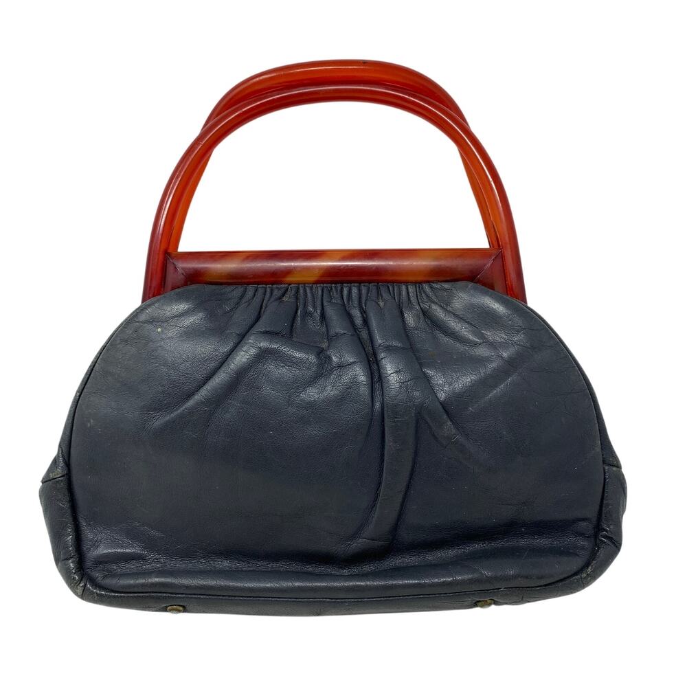 Vintage 50s 60s Gray Leather Handbag Tortoise Lucite Style Frame Purse
